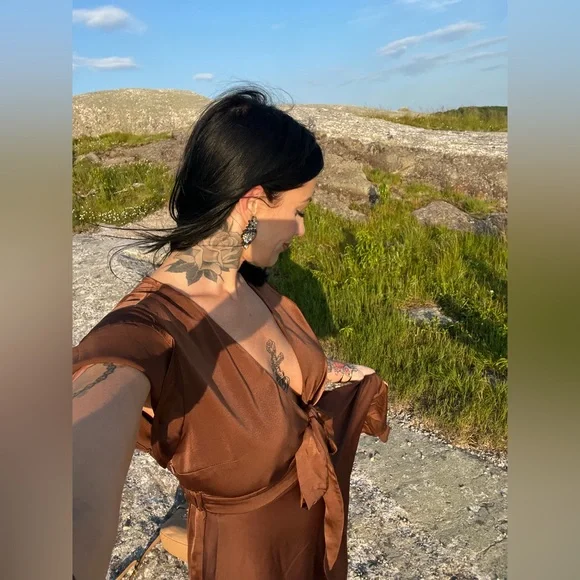 Womens Satin V Neck Ruffle Tie Front High Waist Midi A-Line Maxi Dress. Size M. - Picture 8 of 8